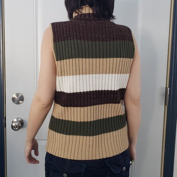 Y2K Brown and Green Striped Sleeveless Turtleneck Sweater - Picture 3 of 4